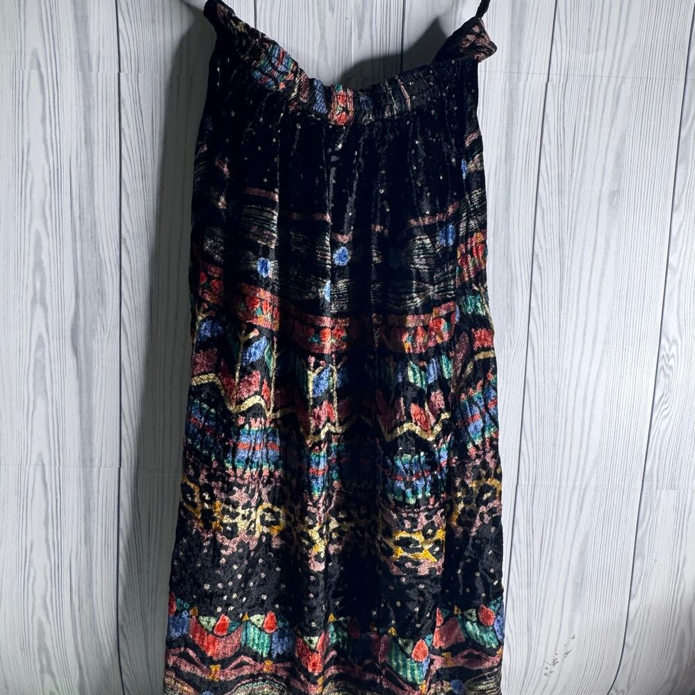 Vintage Women Maxi Skirt Large Black Patterned Crushed Velvet Boho Elastic Waist